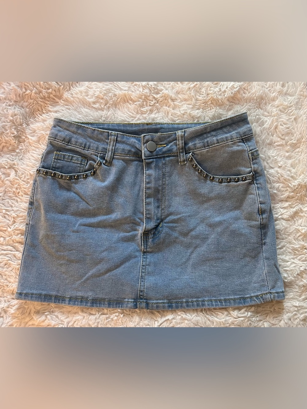 Women’s Denim Mini Skirt in Light Blue with Stud Accents